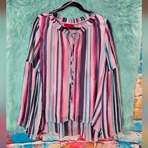 Jennifer Lopez, Pink Purple Blue Multicolor Striped, Bell Sleeve Top Size XL
